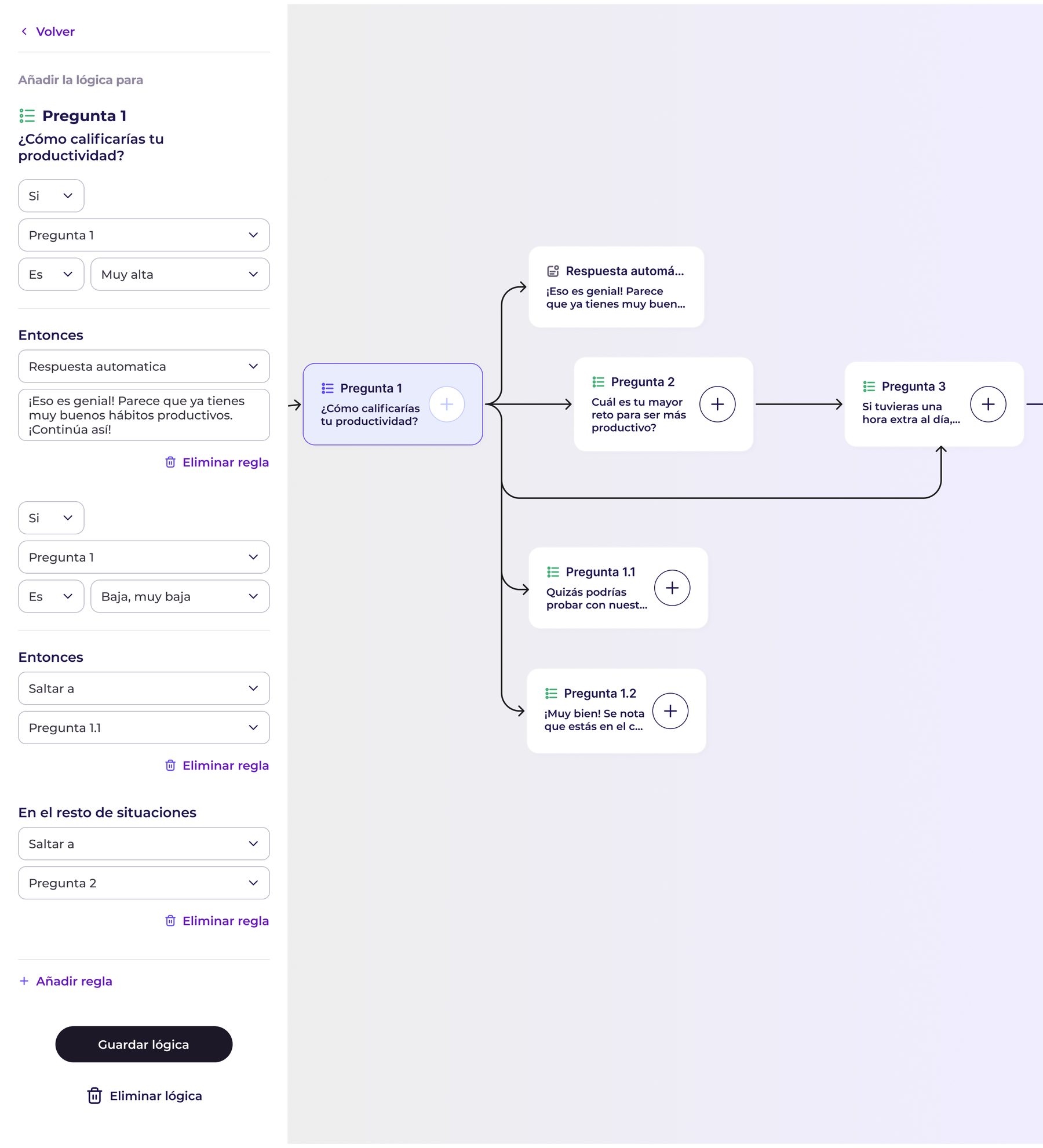 Brücke conversation logic editor with conditional rules and branching questions