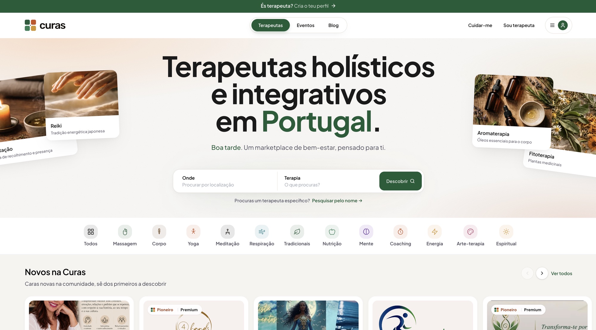 Curas marketplace home page on desktop, with the newest therapists on the platform