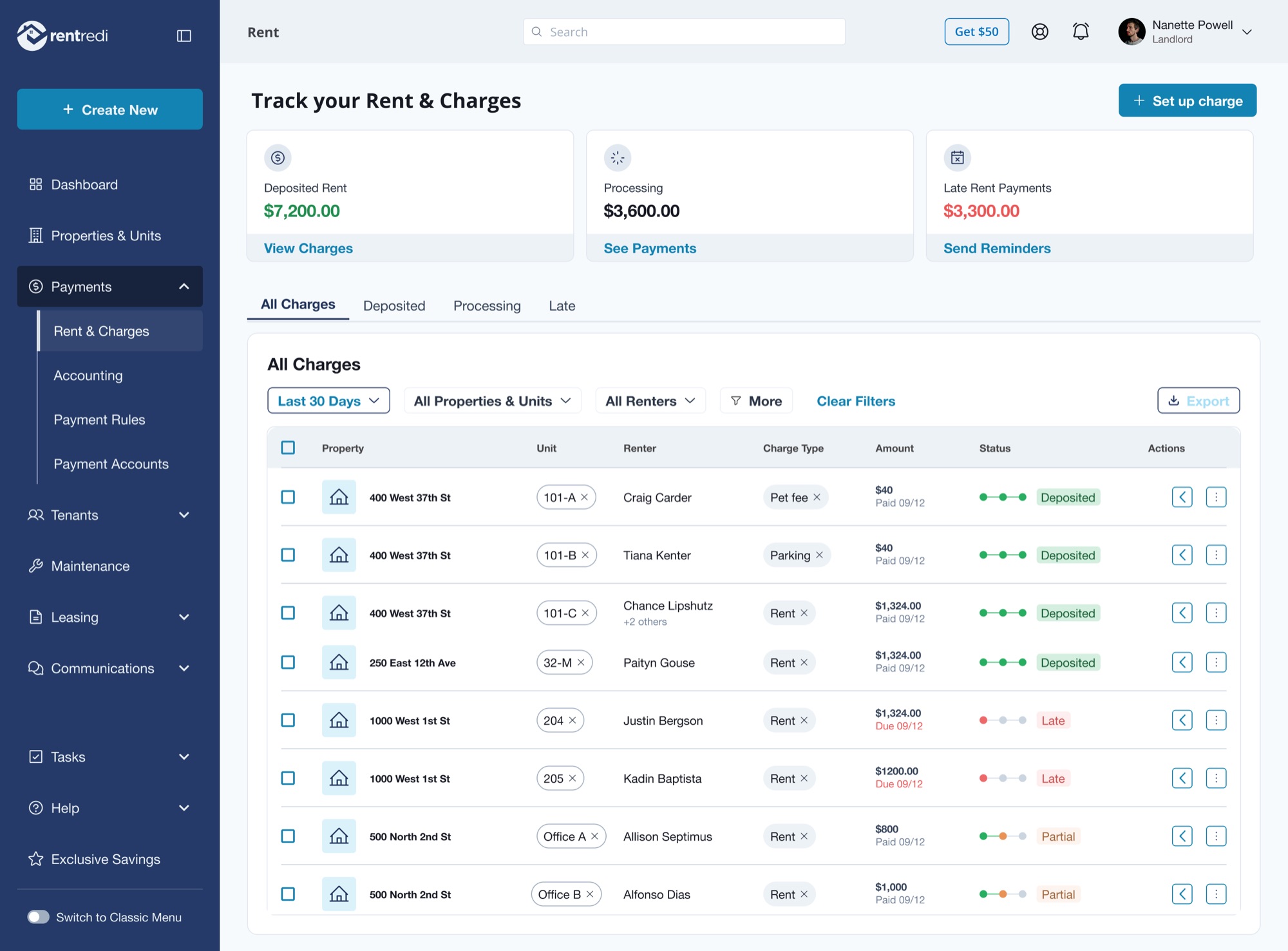Redesigned RentRedi rent and charges screen with persistent side navigation