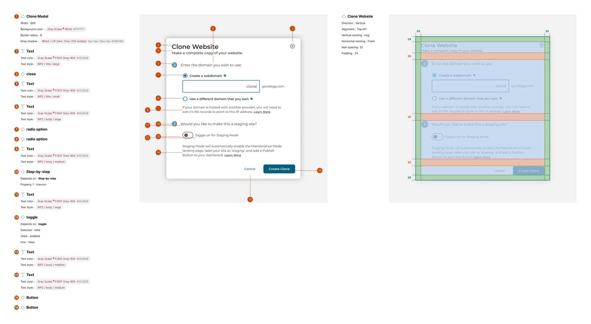 Annotated component spec for the Clone Website modal, with tokens, text styles and spacing